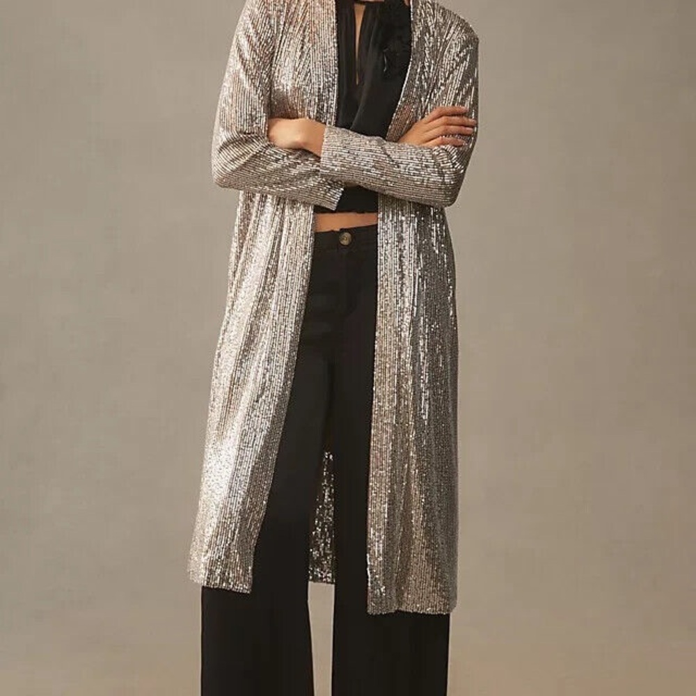 Anthropologie Silver Sequin Long Duster